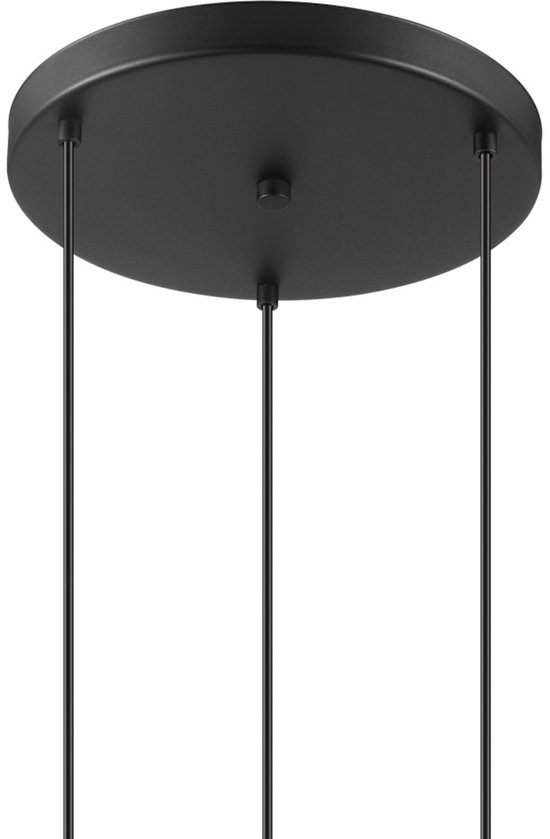 Plaque de plafond ronde noire avec trois cordons pour des lampes suspendues.