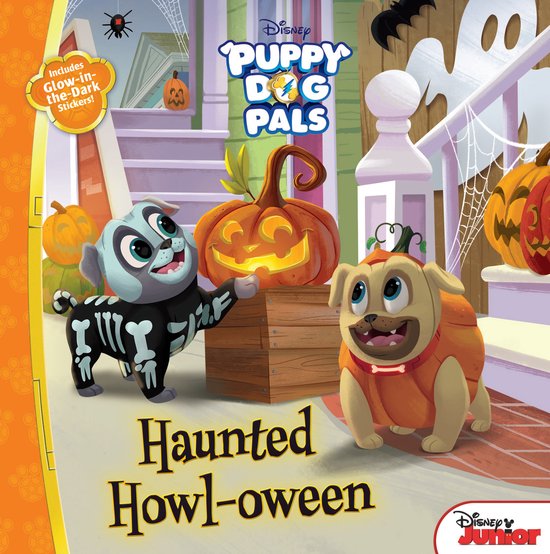Célébration d'Halloween avec Bingo en citrouille et Rolly en squelette, avec les logos "Haunted Howl-oween" et "Puppy Dog Pals".