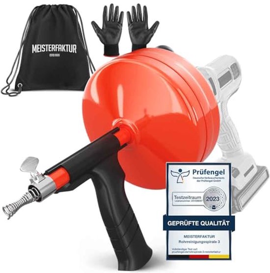 Oranje rioolontstopper met spiraal, zwart handvat, opzetstuk, draagtas, handschoenen en een 'Geprüfte Qualität' zegel.