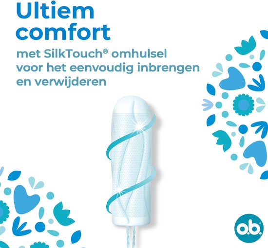 o.b. Ultiem Comfort tampon met SilkTouch omhulsel voor eenvoudig inbrengen en verwijderen, omgeven door blauwe bloemen.