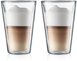 Bodum Dubbelwandige Latte Macchiato Glazen Canteen – 400 ml – 2 Stuks – Gemaakt van Borosilicaatglas met Gepatenteerd Ventiel – Thermisch Isolerend en Condensvrij – Ideaal voor Latte, Thee, Iced Coffee of Warme Chocomelk – Modern Design zonder Oor