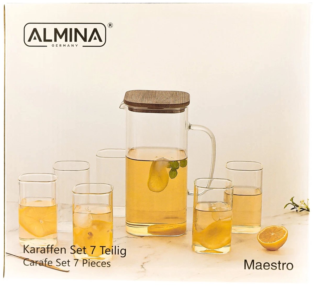 Almina Maestro - Schenkkan – Met Deksel – Set van 7 stuks – Anti Drup – Modern - Glas