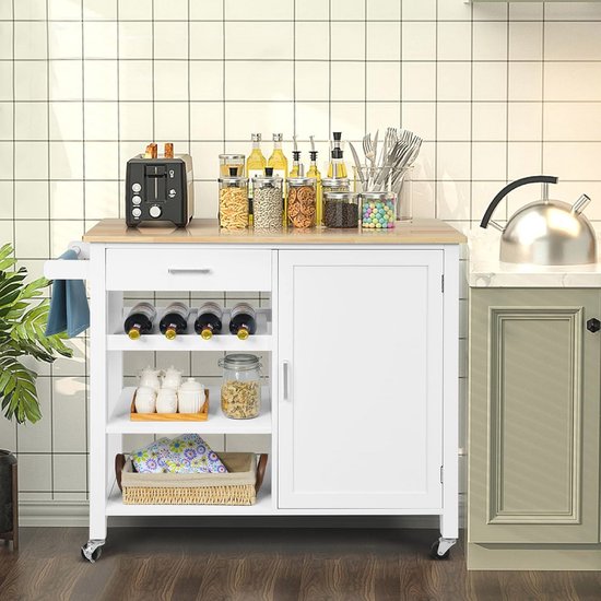 FKW133-WN Verrijdbaar Keukeneiland - Keuken Trolley Op Wieltjes Keukenmeubel Met Werkblad En Lade Voor Eetkamer Of Buitenkeuken Wit 99x40x85 Cm