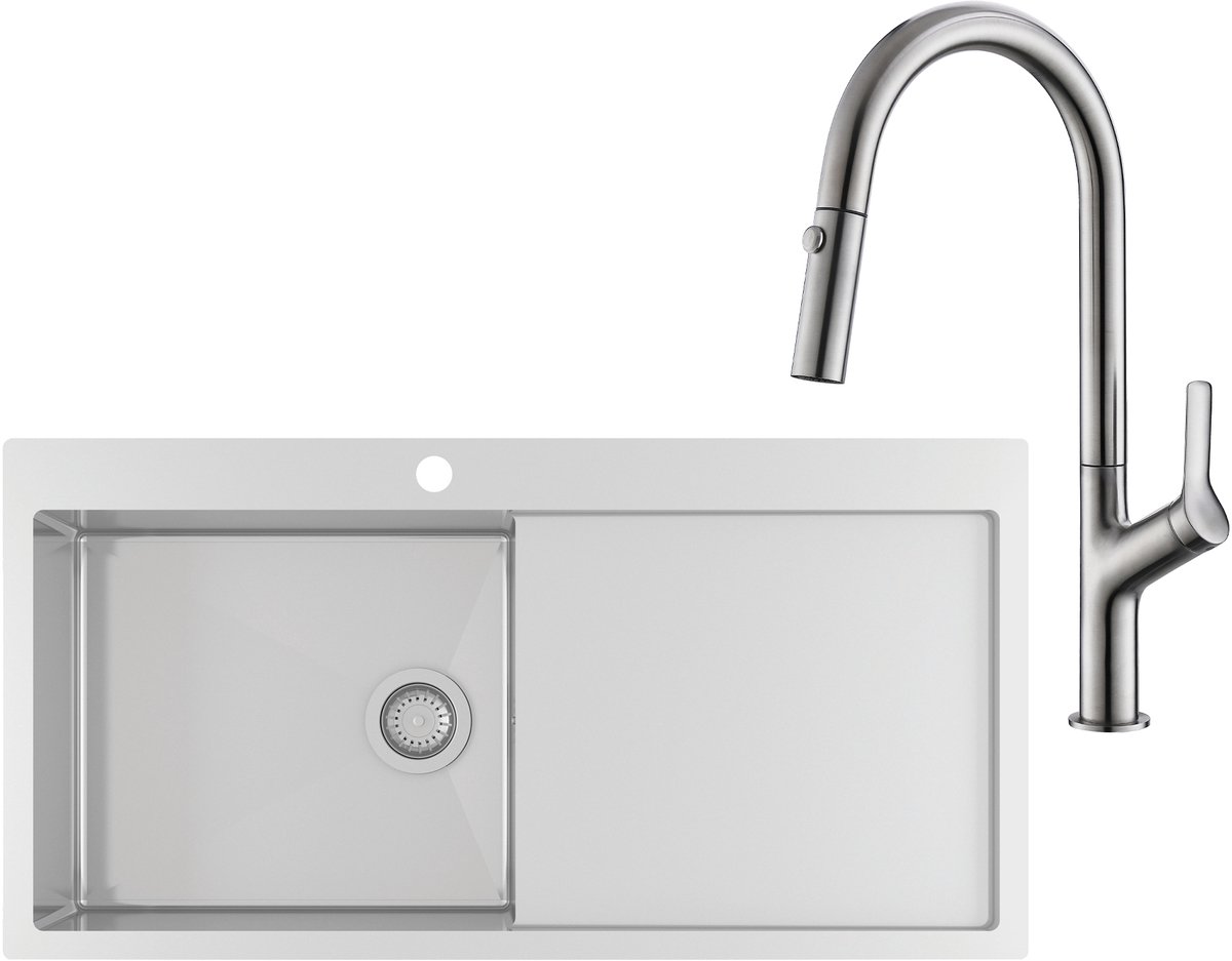 GURARI Roestvrijstalen spoelbak LUN101M-L + Keukenkraan 7723-002, Inbouwspoelbak 1000x510 mm, Roestvrij staal, Rechthoekig