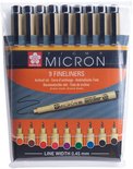 Verpakking van 9 Sakura Pigma Micron 05 fineliners. Met illustratie van bloeiende tak, "Made in Japan" en kleurstalen.