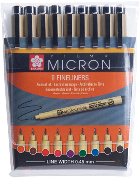 Verpakking van 9 Sakura Pigma Micron 05 fineliners. Met illustratie van bloeiende tak, "Made in Japan" en kleurstalen.