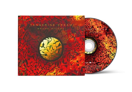 CD hoes en schijf met "Tangerine Dream Machu Picchu" erop. Rood en oranje abstract mozaïek design met een gouden cirkel in het midden.