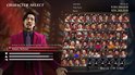 Het 'Character Select' scherm van Yakuza 0, met een grote afbeelding van Homare Nishitani links en selecteerbare personages rechts.