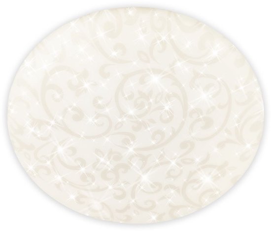 Ronde plafondlamp met wit bloemmotief en sprankelend sterrenhemeleffect.