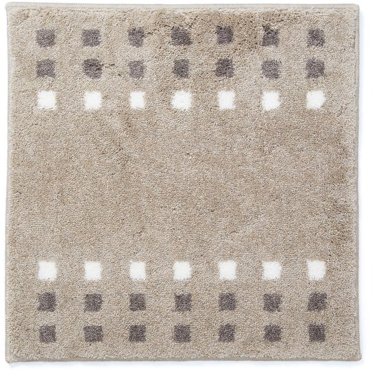 Een vierkante beige badmat met rijen van bruine en witte vierkantjes, zwevend.