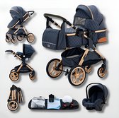 Kinderwagen 3 in 1 Blauw- incl. Àutostoel - 0-25kg - Luiertas- XXL - Buggy 3in1 - Verstelbare duwstang - Opvouwbaar - Wandelwagen - XXL zonnekap - Rubberen wielen - Reiswieg- 8 cadeaus- Elovia