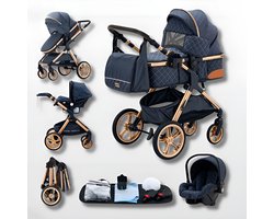 Kinderwagen 3 in 1 Blauw- incl. Àutostoel - 0-25kg - Luiertas- XXL - Buggy 3in1 - Verstelbare duwstang - Opvouwbaar - Wandelwagen - XXL zonnekap - Rubberen wielen - Reiswieg- 8 cadeaus- Elovia