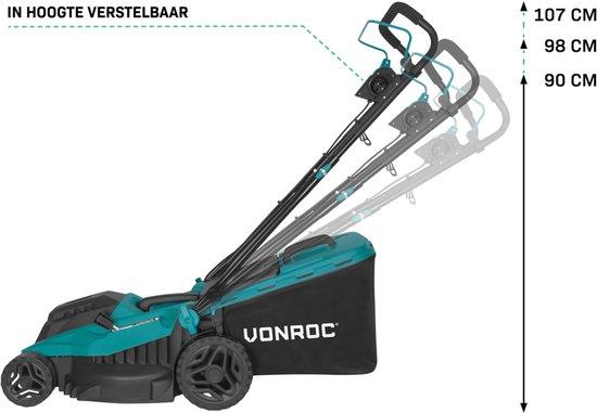 Turquoise grasmaaier met in hoogte verstelbaar handvat, instelbaar op 107, 98 en 90 cm.