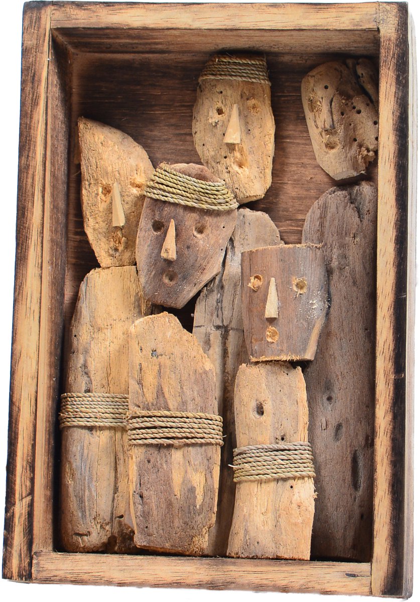 3D Wanddecoratie met Houten Poppetjes -20 x 30 cm – Uniek Handgemaakt Kunstwerk