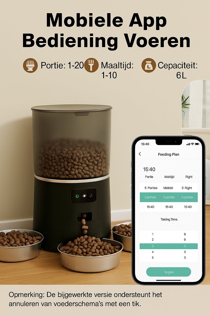 Afbeelding 2 van Automatische VoAutomatische Voerbak Kat & Hond – 4L Voederautomaat met App & Timer – Voor 3 Huisdieren – Droogvoer – BPA-vrij – Tuya Smart – SH Vision