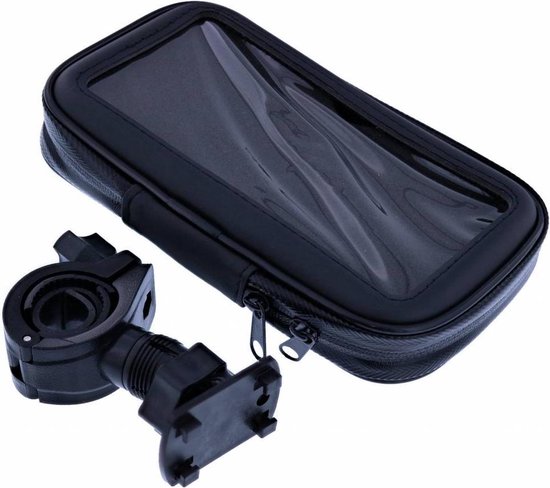 Housse de téléphone noire étanche avec fenêtre transparente, à côté de la fixation guidon.