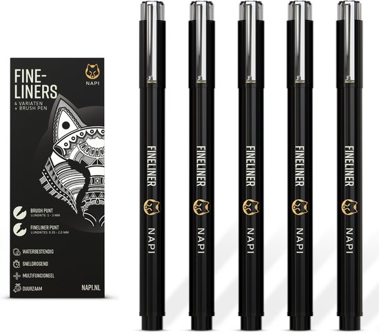 NAPI 5 Fineliners Zwart - Incl. Brush Pen - 0,25mm tot 2mm - Pennen Zwart - Bullet Journal Accessoires - Tekenpennen Set