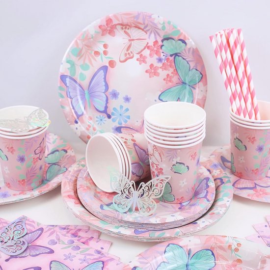 Kleurrijk vlinderfeestservies, verjaardagsservies voor kinderen, inclusief bekers, borden, servetten en bestek