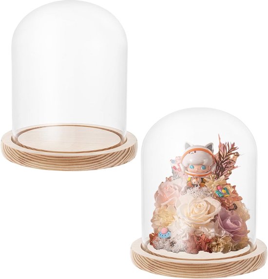 AKOLAFE Glazen stolp met houten bodem, zwart, 21 cm hoog, glazen koepel, decoratie, 15 cm diameter, transparante bel, decoratie voor poppen, kaarsen, verzamelstukken