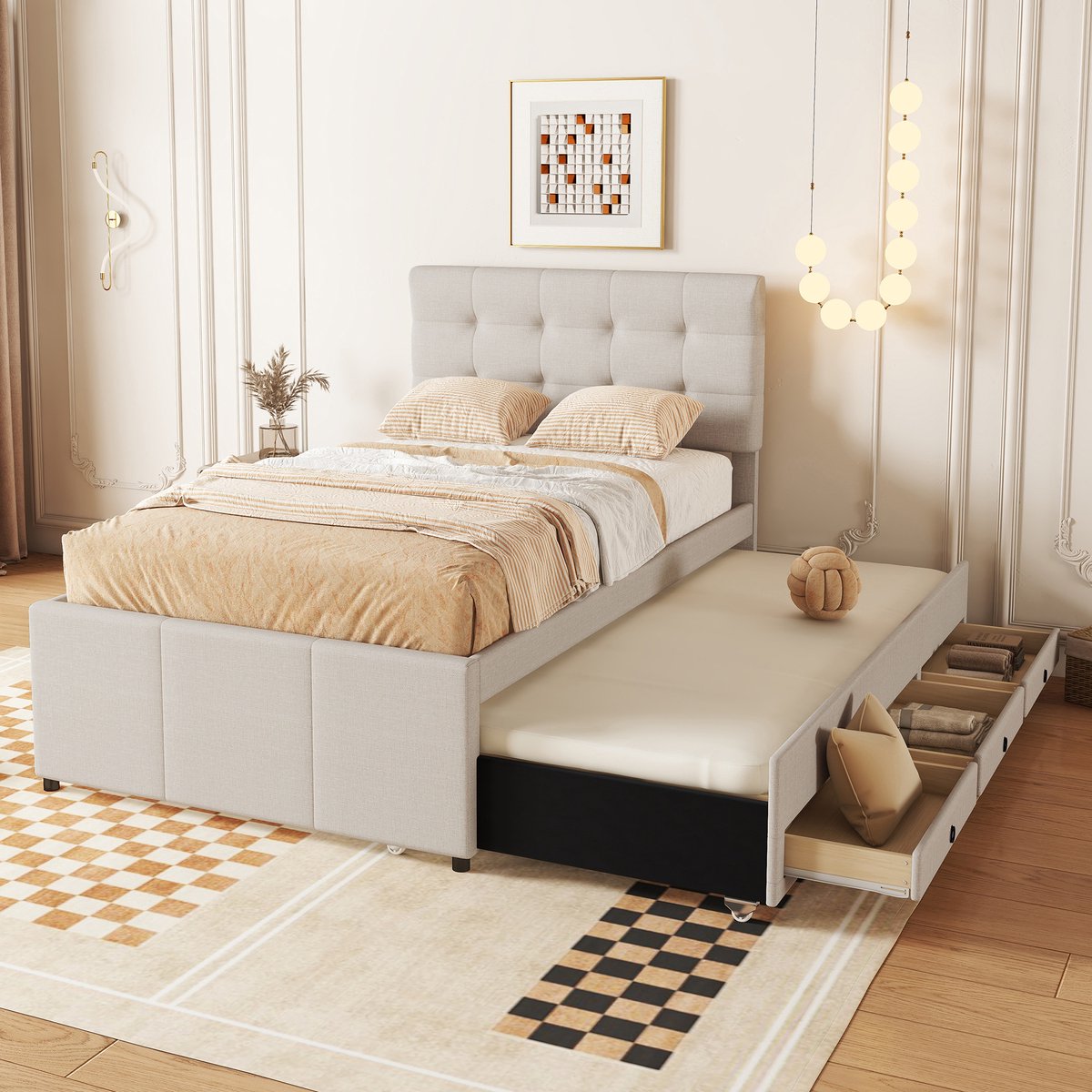 Gestoffeerd bed - 90x200cm(90x190cm) - Familiebed met drie lades - Uitschuifbaar opklapbed - Verstelbaar hoofdeinde - Zonder matras - Beige