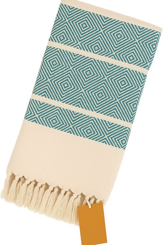 Extra groot strandlaken – XXL strandlaken – 200 x 200 cm – luxe katoenen strandhanddoek – XXL badhanddoek – reishanddoek – xxl hamamdoek - dubbelzijdig – blauwgroen – ruit – lichtgewicht – sneldrogend – zandafstotend - Ibiza stijl - Viva Dune