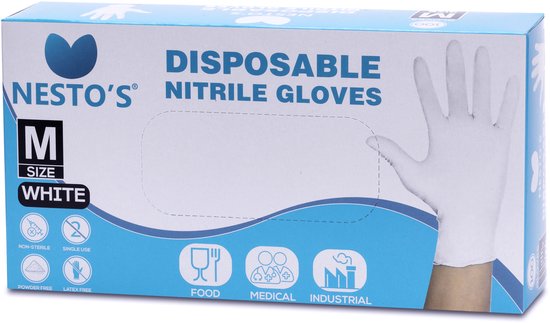 Gants jetables en Nitril Nesto's 100 pièces - Sans latex - Sans poudre - Non stériles - Gants d'examen - Medisch - Plastique - Taille M - Wit