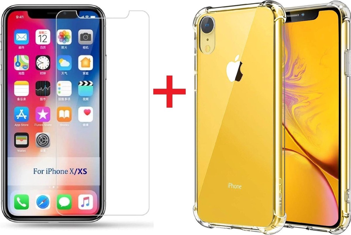 Ntech hoesje Geschikt voor iPhone Xr Screenprotector Tempered Glass + Anti Shock Hoesje