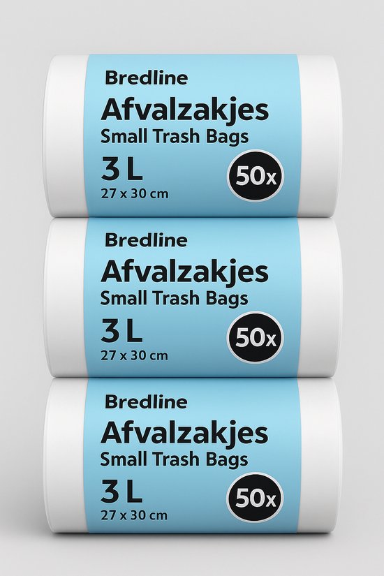 Trois rouleaux de sacs poubelles blancs avec bande bleue Bredline, 3L, 50 pièces par rouleau.