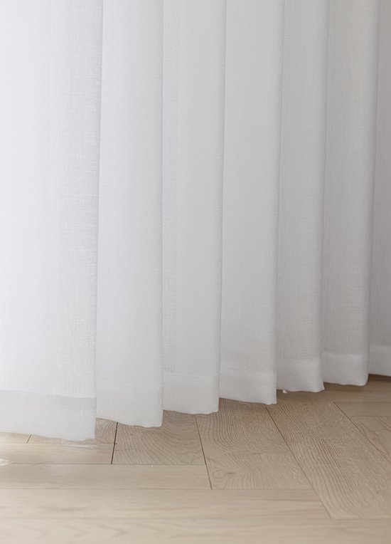 Maroyathome - OLIVIA - Rideau voilage avec ruban plissé - prêt à poser avec crochets - Wit brillant - Aspect lin - 300 x 260 cm - 300 cm de large et 260 cm de haut/long - avec câble de suspension