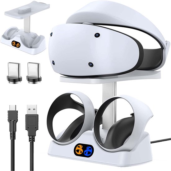 Wit laadstation voor PS VR2 met headset-steun, twee controller-houders en USB-C kabels.