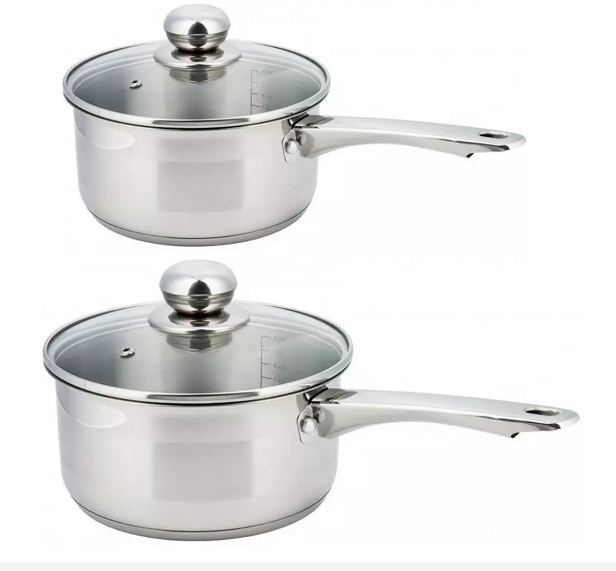 2 x steelpan / sauspan - steelpan met glazen deksel - Ø14 en Ø16 cm - RVS - 1 liter en 1,5 liter