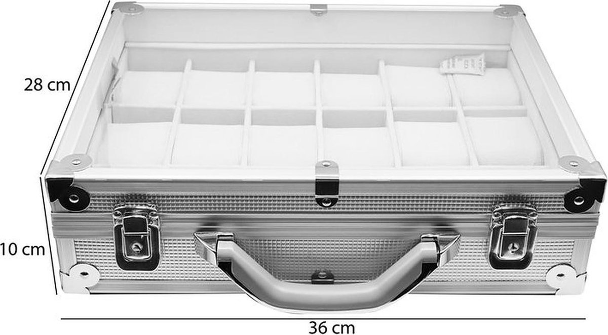 Aluminium koffer met Handvat voor Armbanden & Horloges - fluwelen Kussens -18 Vakken - Zilver