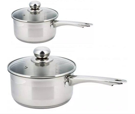 2 x steelpan / sauspan - steelpan met glazen deksel - Ø12 en Ø18 cm - RVS - 0,5 liter en 2,1 liter