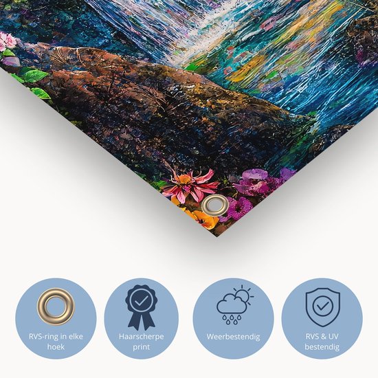 Boeddha in kleurrijke natuurpracht - Boeddha tuinposter - Tuinwanddecoratie waterval - Surrealistisch - Muurdecoratie tuin - Grote tuinposters - Tuinposter 50x75 cm