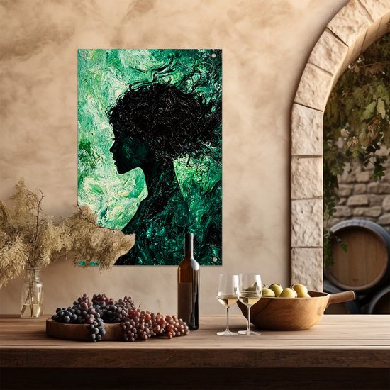 Silhouet vrouw abstract groen - Silhouet tuinposter - Tuinmuurdecoratie vrouw - Abstract expressionisme - Waterbestendige poster - Wandposter voor tuin - tuinposter 50x75 cm