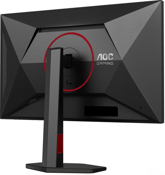 Achterkant van een zwarte AOC gaming monitor met een rode cirkel rond de nek van de standaard.