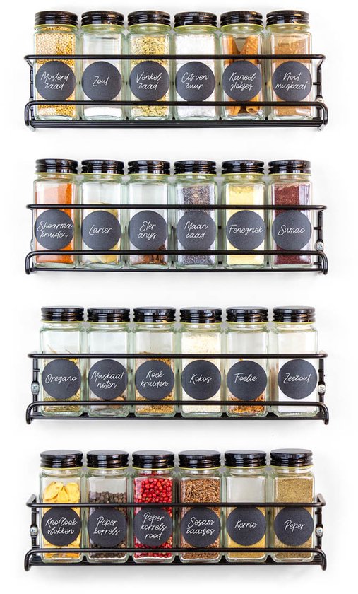 George Napoli Spice Rack Hangable - Pour pots à épices - Support mural - Organisateur - Y compris kit de montage - Zwart - 4 couches