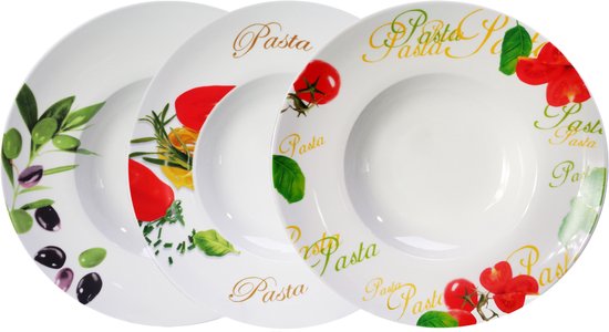 Haute Cuisine - Luxe Porseleinen Pastaborden – Set van 6 – Ø 30 cm – Mediterrane Décor – 3 Designs