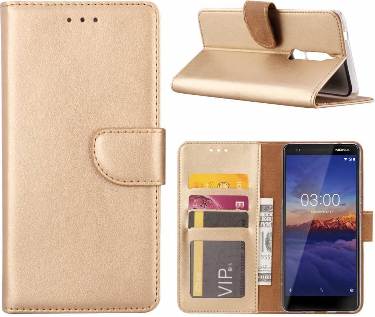 Nokia 3.1 Booktype Kunstleer Hoesje Met Pasjesruimte Goud