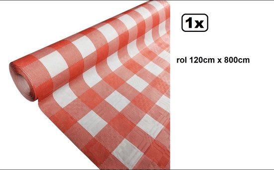 Rol tafelkleed met rood-wit geblokt patroon, 120cm x 800cm.