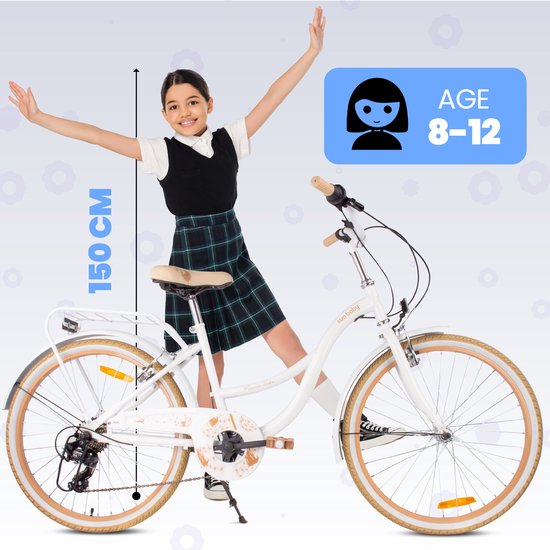 Flower Bike Kinderfiets 24 inch meisjes van 8 tot 12 jaar, Beige en wit, Fiets voor een meisje met 7 versnellingen, bagagedrager, metalen spatborden, V-brake, kettingkast van Flower Bike — afbeelding 5