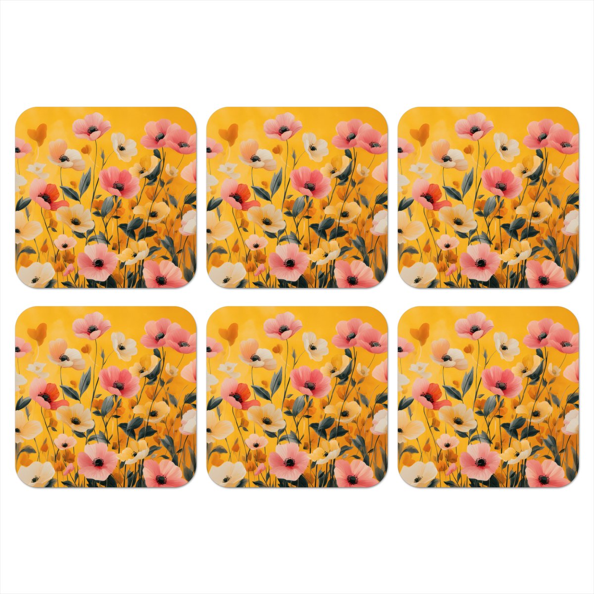 Onderzetters voor glazen - Bloemen - Veld - Geel - 10x10 cm - Glasonderzetters - 6 stuks