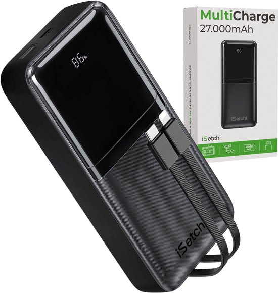 iSetchi Universele Powerbank - 27000 mAh - Externe Batterij - Geïntegreerde Kabels - Noodpakket - Led Display - 22,5W Fast Charge - Snel Laden - Zwart