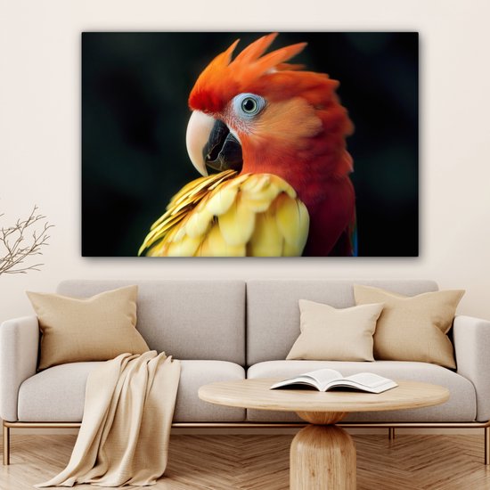 Tableau sur toile 120x80 cm - Décoration murale exclusive Gros plan - Perroquet - Plumes - Oranje - Décoration murale salon - Décoration chambre à coucher - Accessoires de chambre - Tableaux sur toile