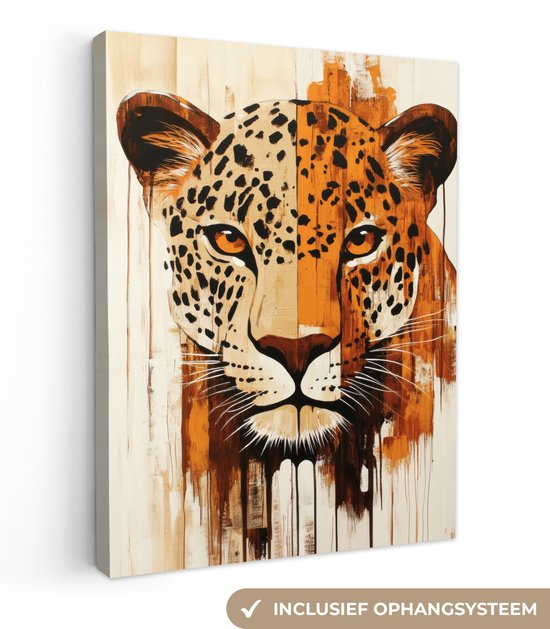Canvas schilderij 60x80 cm - Exclusieve wanddecoratie Luipaard - Symmetrisch - Strepen - Muurdecoratie woonkamer - Slaapkamer decoratie - Kamer accessoires - Schilderijen op canvas
