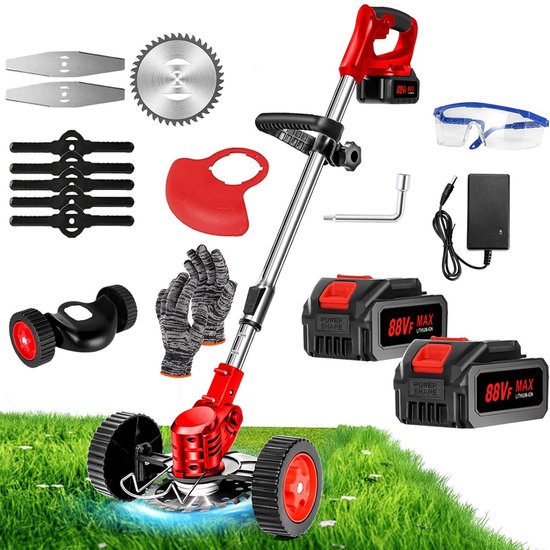 Foto: Traumheim accu grasmaaier 21v met 2 accu s en oplader grastrimmer bosmaaier freischneider motorsense met telescopische steel extra handgreep met wielen rood