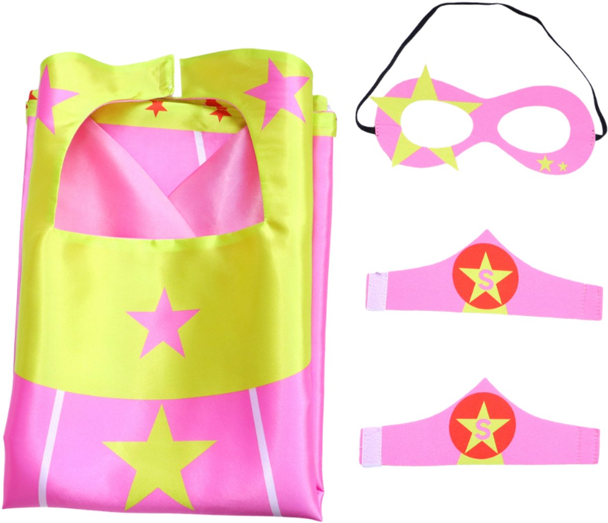 Joya Kids® Verkleedset Meisje | Superheldin Cape Masker Armbanden | Roze met Gele Sterren | Verkleedkleding Kinderen | Carnaval & Rollenspel | Superheld Ster | Verkleedkleding 3-delig | Roze en Geel — afbeelding 8
