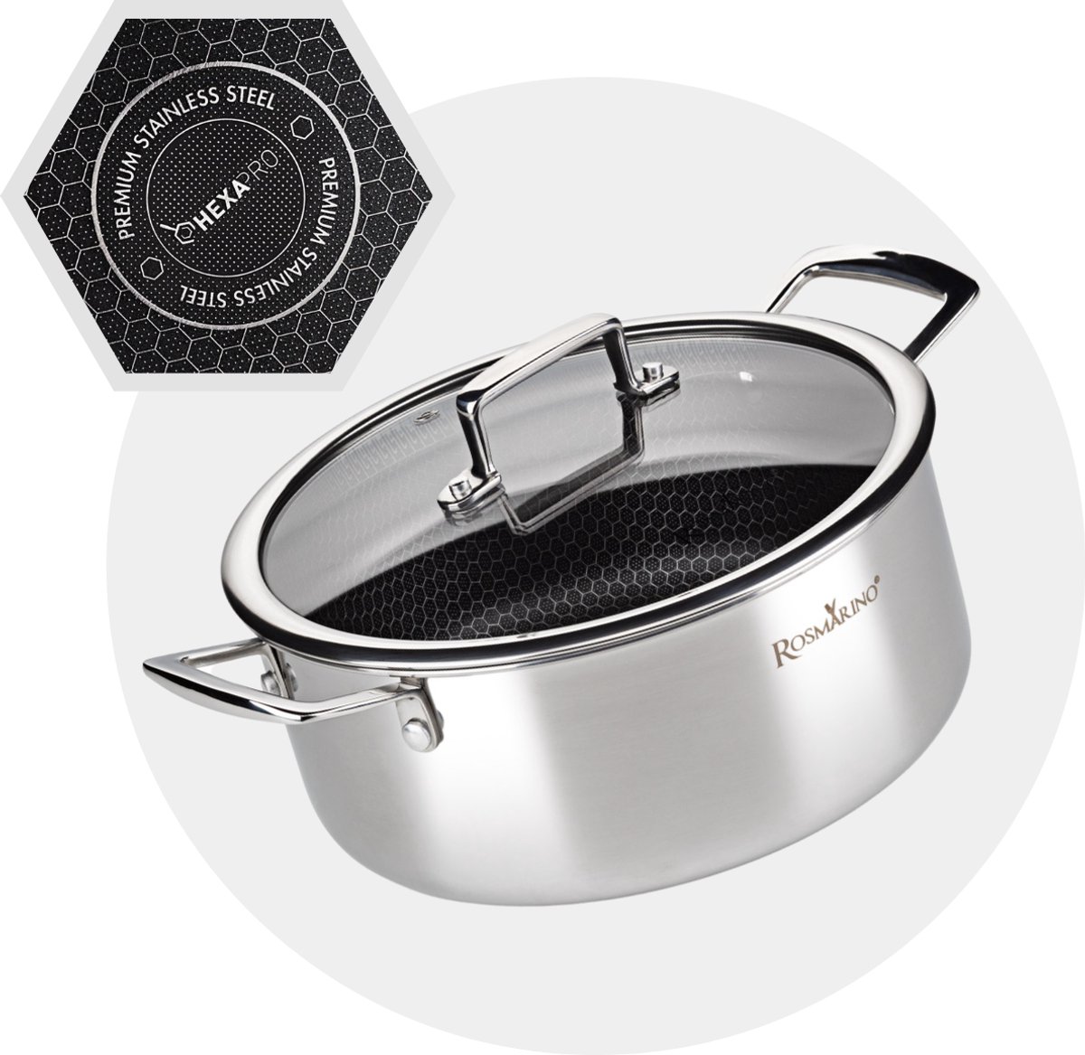 Rosmarino HexaPRO Kookpan - Braadpan - Braadpan Inductie - Hapjespan Inductie - Braadpannen - Hapjespan 24 cm met Deksel - Geschikt voor alle warmtebronnen