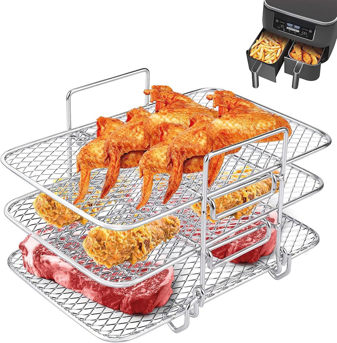 3-laags Airfryer Rek van Roestvrij Staal - Efficiënt Koken met Dehydrator Functie