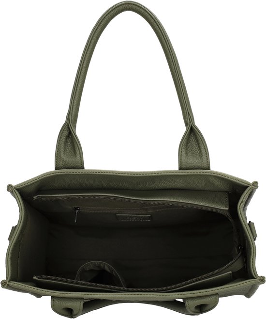Natuur groen tote bag van voren gezien met open vakken, ritsvakken en een binnenvak met rits.